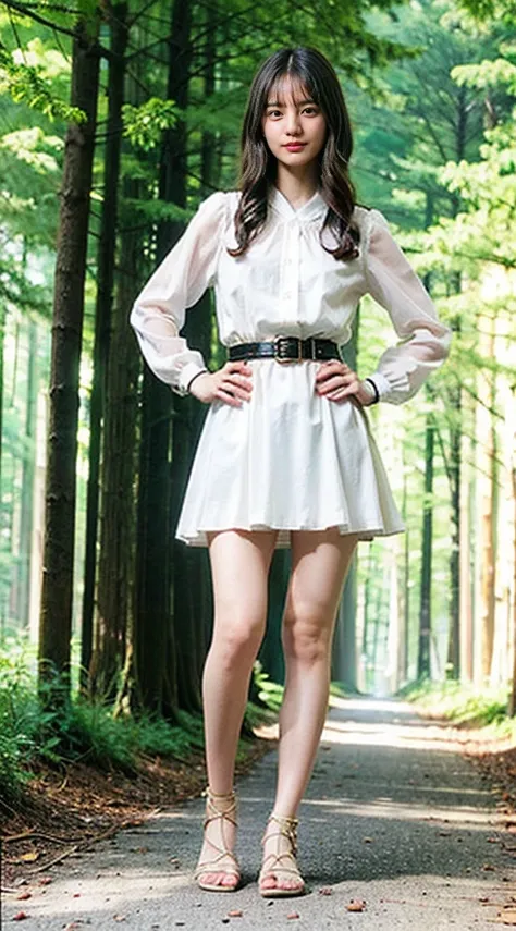 (8K、Raw photo、highest quality、masterpiece:1.2)、(realistic、Photoreal)、1 girl、((white dress、flare skirt、See-through、in the forest、sandals、blonde、I can see your feet、stand with hands on hips、belt、big breasts、Seen from the front、stand with legs apart、))、lots o...