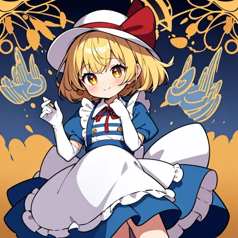 masterpiece, best quality, 1 girl, white glove, elbow gloves, 15 years old, white hat, red ribbon, middle blonde hair, golden eyes, short puffy sleeves, white clothes, white apron, blue skirt, blue ruffles, collarbone, gentle smile, Kana Anaberal, Polterge...