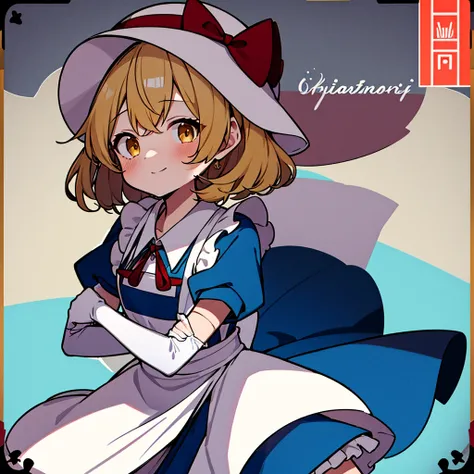 masterpiece, best quality, 1 girl, white glove, elbow gloves, 15 years old, white hat, red ribbon, middle blonde hair, golden eyes, short puffy sleeves, white clothes, white apron, blue skirt, blue ruffles, collarbone, gentle smile, Kana Anaberal, Polterge...