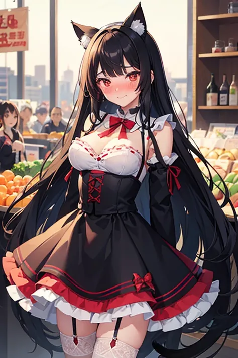 18 yeas old, girl, black hair, long hair, slim, big tits, narrow red eyes, cute, cat ears, (embarrassed,  blush:1.3), smiling, sailor uniform, ,  See-through, ribbon, fishnet, garter belt, frills, Kneesocks, high heels, blue rose, headdress, frontal, stand...