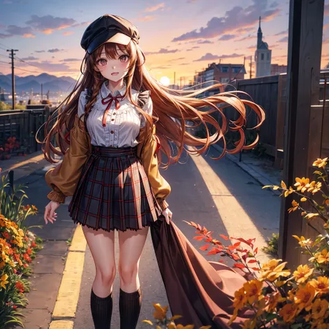 Reddish brown golden hair、Golden Eyes、Braid、One good looking girl、solo、anime、Checkered mini skirt、Ruffles on the skirt、camisole、cardigan、Black knee-high socks、Wearing a baseball cap、Wearing a ribbon、Ribbon on waist、Tilting face、Teeth are visible、Sunset sky...