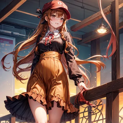 Reddish brown golden hair、Golden Eyes、Braid、One good looking girl、solo、anime、Checkered mini skirt、Ruffles on the skirt、camisole、cardigan、Black knee-high socks、Wearing a baseball cap、Wearing a ribbon、Ribbon on waist、Tilting face、Teeth are visible、Sunset sky...