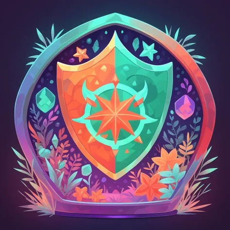 Cursed Shield with teal green orange red and purple color palette with background in terrarium art style