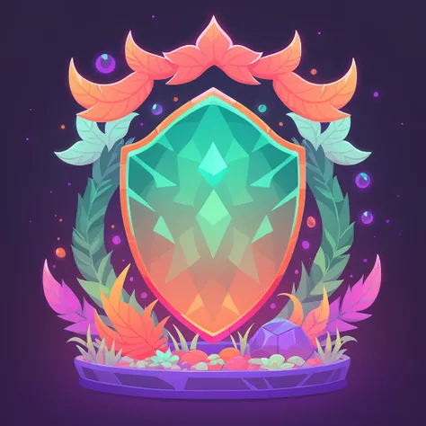 Cursed Shield with teal green orange red and purple color palette with background in terrarium art style