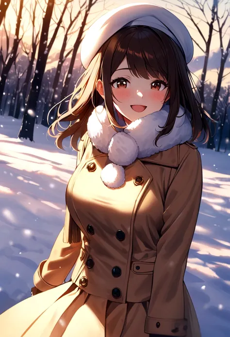 Solo Girl, 20-year-old,Medium Hair, Dark brown hair, Brown eyes, Big Tits, Happy,pea coat,beret,Fluffy scarf,Maxi Skirt ,Outdoor, winter,snow, highest quality, High resolution, Very detailed, Detailed Background, Perfect lighting