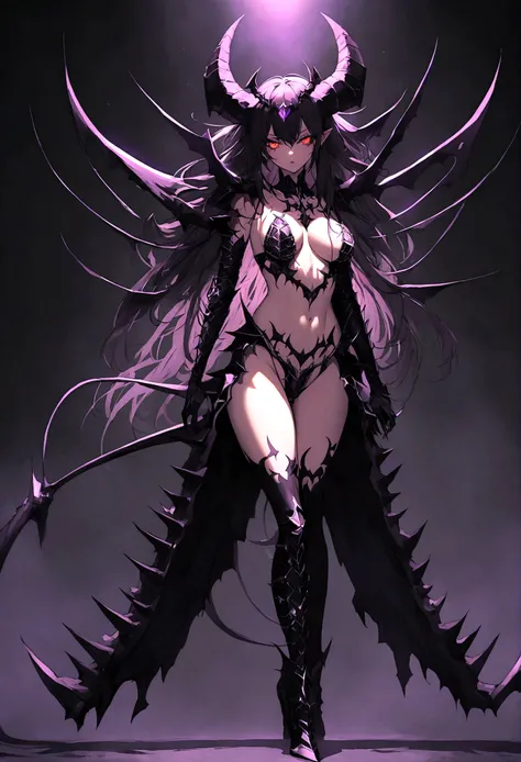 Create an image of a stunningly beautiful gorgeous perfect sexy evil sadistic demon girl, detailed perfect gorgeous face, detailed vibrant eyes, full body view, large demonic horns, long tail, heavy metal bikini armor, 