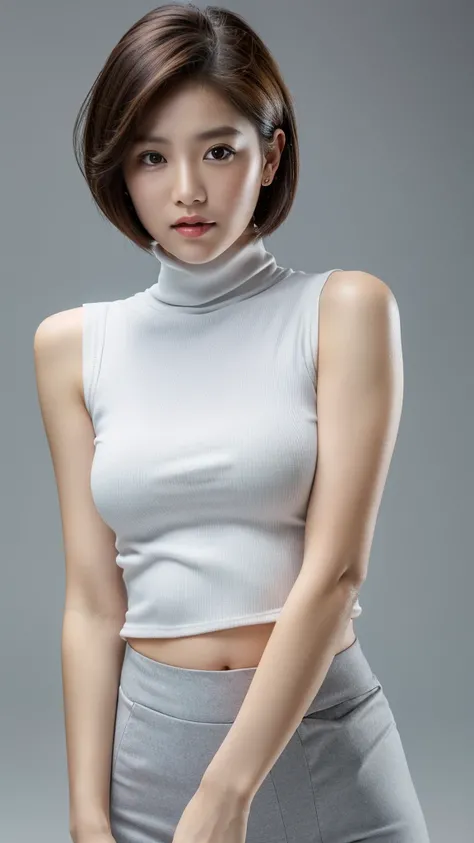 (detailed face),((crotch)),normal breasts,pretty,sleeveless and turtle neck white clothes,4k ,super high resolution ,(photo-realistic: 1.7),gray background,short hair,