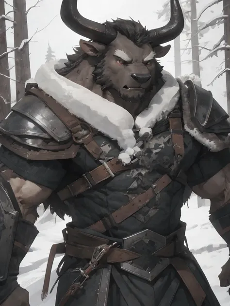 Minotaur, solo, muscular, perfect_eyes, perfect_face, abs, big_chest,wide_body, muscular_arms, winter, snowforest_background, solo, minotaur, angry, half_body, close_up, manly, man, muscular, brown_horns, big_eyes, orange_eyes, glowing_eyes, bara_body,hype...