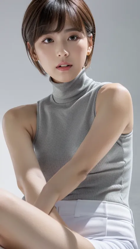 (detailed face),((crotch)),normal breasts,pretty,sleeveless and turtle neck white clothes,4k ,super high resolution ,(photo-realistic: 1.7),gray background,short hair,