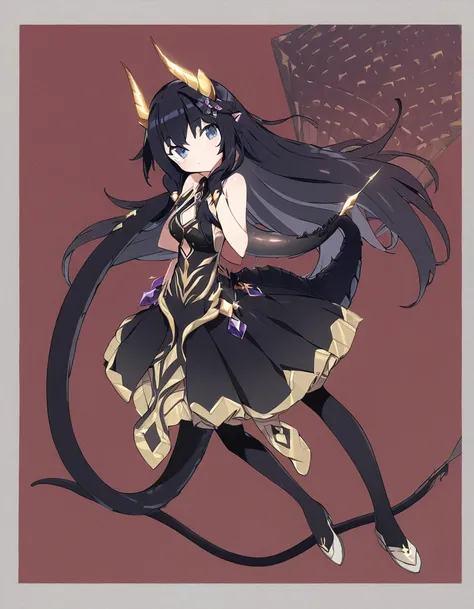 Dragon girl with crystal　golden horn　Black Hair　Full body black　Dragons tail　Aerial