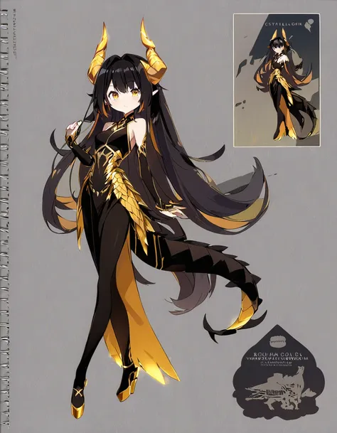 Dragon girl with crystal　golden horn　Black Hair　Full body black