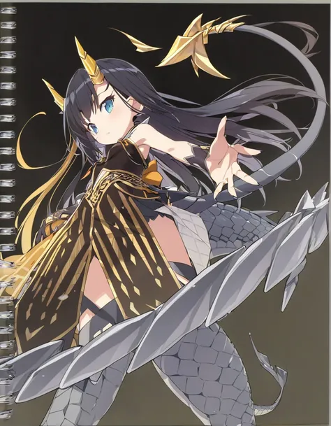 Dragon girl with crystal　golden horn　Black Hair　Dragons tail