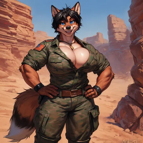 solo, 1girl, red fox, vixen, (female, broad shoulders, stocky build, buff, muscular, large breasts, short hair, black hair, blue eyes, highly detailed eyes, Amazon, powerful figure, beige military fatigues, desert camo, rolled shirt sleeves, cleavage, hand...