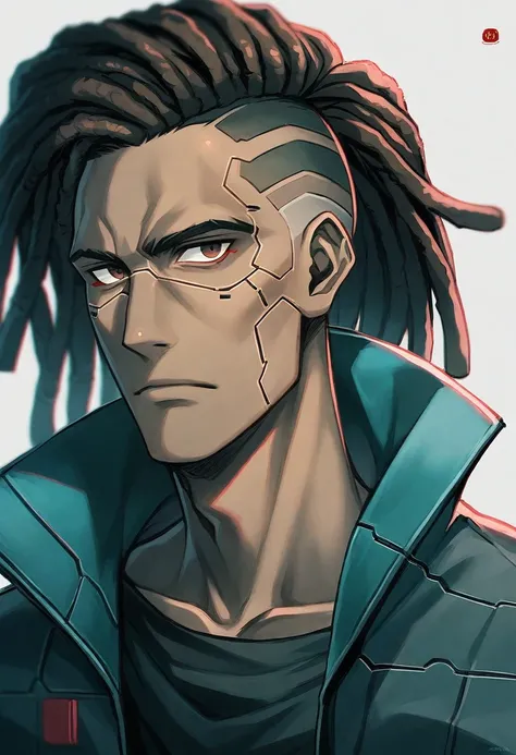 (Best quality, masterpiece, anime style, full of details), 1male, official anime art illustration, African American Male with dark brown eyes, a imagine of a man with a Cybergoth mask on his face, ((red)) baggy eyes,  black and red dreadlocks, semi-realist...