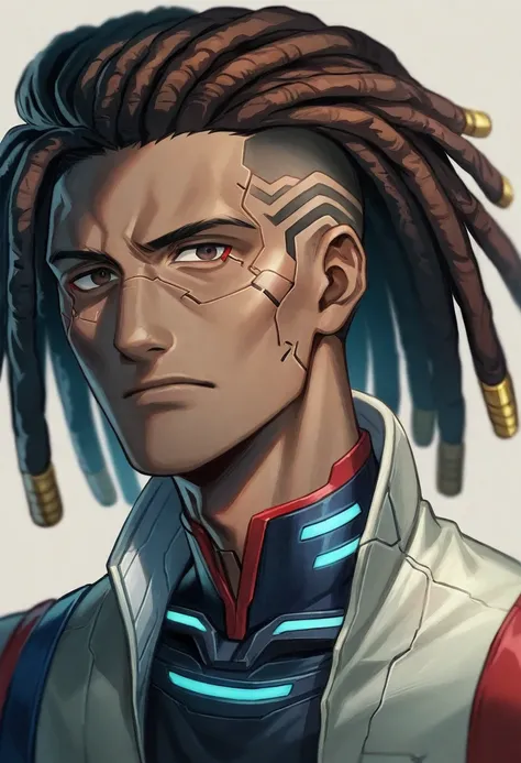 (Best quality, masterpiece, anime style, full of details), 1male, official anime art illustration, African American Male with dark brown eyes, a imagine of a man with a Cybergoth mask on his face, ((red)) baggy eyes,  black and red dreadlocks, semi-realist...