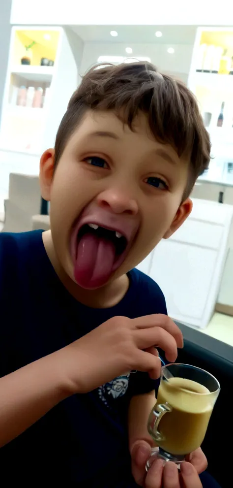 boy with tongue sticking out holding a glass of milk, tongue sticking out, tongue out, feliz com a boca aberta, licking the tongue, slimy tongue, lizard tongue, Linguarudo, boca aberta e dentes grandes, mocking the camera, lambendo, lingua grande, with a t...