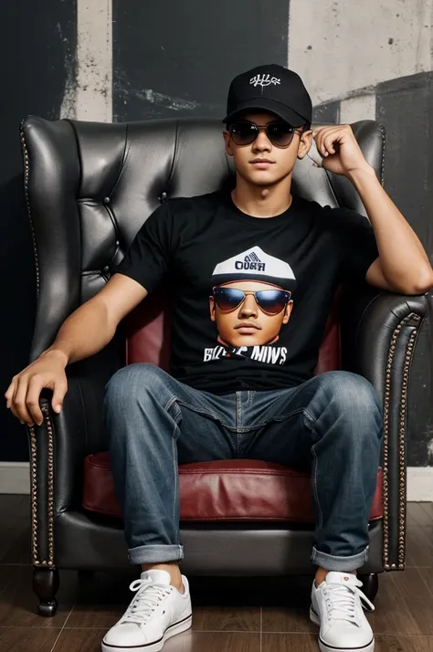 Create a 3D illusion for a Facebook profile picture where a 18 years old boy in a black shirt sits casually on a Wingback Chair. Wearing sneakers, a Red cricket cap, and sunglasses, he looks ahead. The background features "Maya" in big and capital white fo...