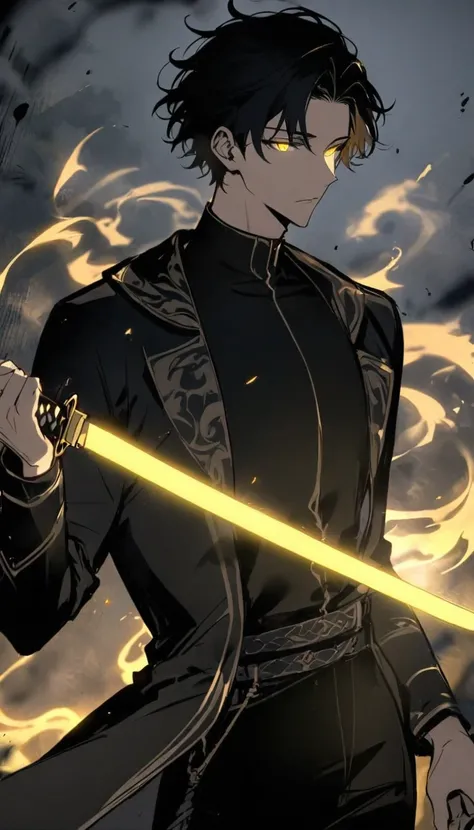 Handsome, alone, male, Short hair, Calm head, black hair, yellow eyes, black shirt, black pants, Black coat, white flame,holding a katana in one hand, The blade glows yellow