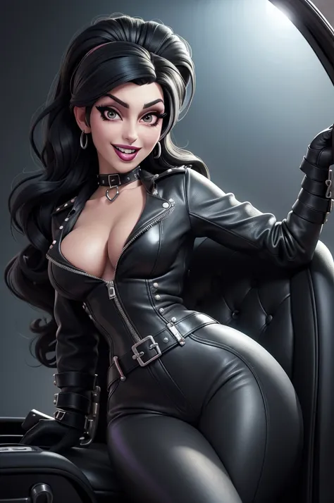 obra prima, melhor qualidade, (amy winehouse vamp 70yo face wrinkles) head back, sassy wicked girl, big toothy smile, open mouth, (shiny fat black lipstick,) thick smoky black eye shadow, long fake eyelashes, ((raven black beehive hair,)) leather biker jac...