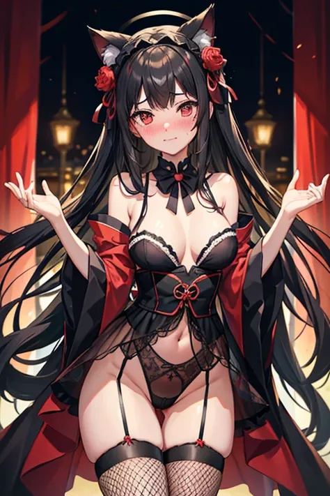 18 yeas old, girl, black hair, long hair, slim, big tits, narrow red eyes, cute, cat ears, (embarrassed,  blush:1.3), smiling, kimono, See-through, ribbon, fishnet, garter belt, frills, Kneesocks, high heels, blue rose, headdress, frontal, standing, spread...