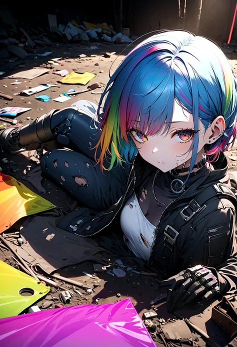 A dilapidated girl robot in a landfill, with a silhouette, damaged body, scars and holes, lying on the ground, 8K, (dynamic perspective), clear focus, (depth of field, shot: 1.3), super punk scene, movie lighting, reflective transparent rainbow opaque jack...