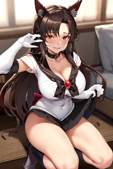 masterpiece, high definition, best quality, rendered art, well formed hands, fingers and body, 1 woman, solo, Imaizumi Kagerou, wolf ears and wolf tail, adult, grown up, wearing Sailor Moons outfit, big breasted, cleavage, full body, sexy sailor senshi uni...