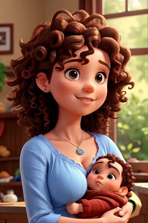 Curly-haired woman holding a baby boy, mulher segurando bebe no colo