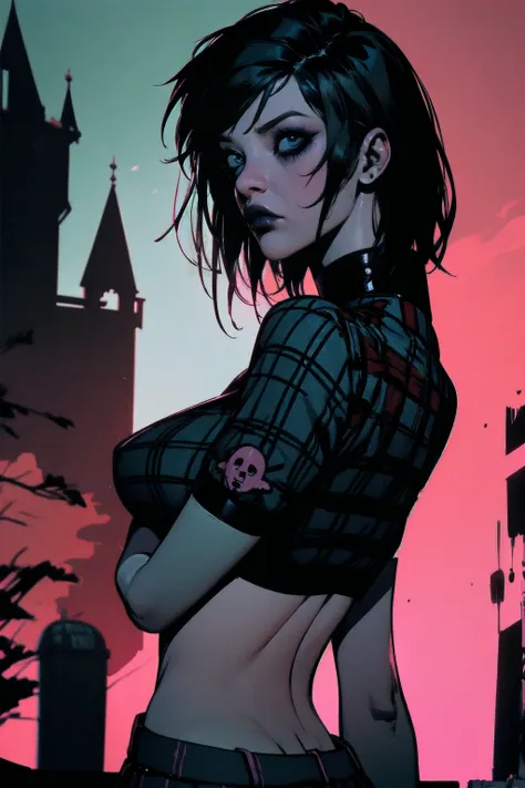 a woman with short black hair, hair on shoulders, wearing a black cropped and plaid skirt, blue eyes, zombie art, gothic art, cute aesthetic with vibe, toon aesthetic, wearing red costume, wearing gothic accessories, look like Cassie Hack, upper body, back...