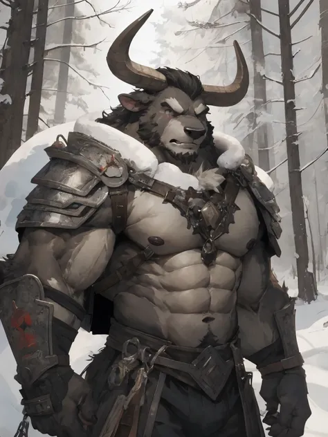 minotaur, solo, muscular, perfect_eyes, perfect_face, abs, big_chest,wide_body, muscular_arms, winter, snow_forest_background, s...