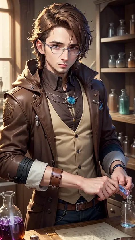 Male male brown hair alchemist botanist chemist stirring potions various test tubes Nature mixing liquids colorful potions focused intelligent researcher observer vials around experienced wise handling formulas concentrate liquid solution fluid chemistry l...