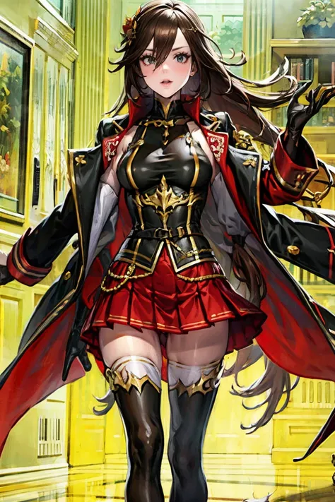 (masterpiece, best quality:1.2), 1girl, solo, military uniform, red skirt, brown hair, green eyes, very long hair, elbow gloves, dare thigh, thighighs, long jacket, collar jacket, clothed, turtle neck, hairs between eyes, shoulder jacket, black  upper body...