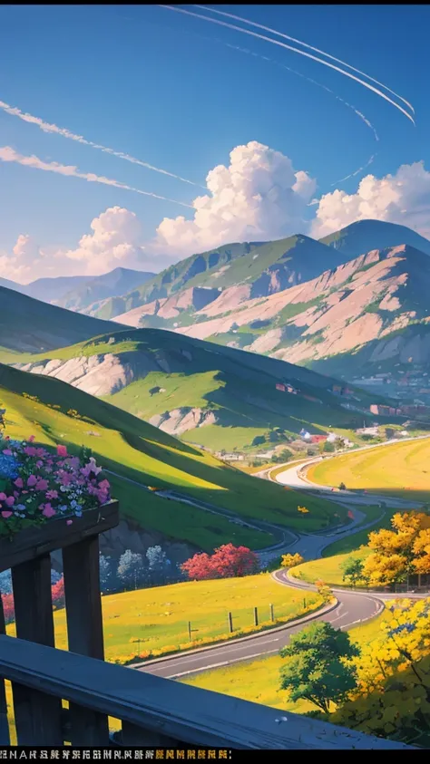 (best quality：1.4)，（Best results：1.4），（Ultra-clear picture quality：1.4），（Ultra-sharp details：1.2）,Summer solstice poster，summer，noon，highway，Sunlight，hillside，Flowers，Skyline，Blue sky，Distant Mountains