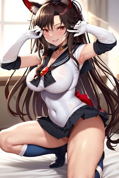 masterpiece, high definition, best quality, rendered art, well formed hands, fingers and body, 1 woman, solo, Imaizumi Kagerou, wolf ears and wolf tail, adult, grown up, wearing Sailor Moons outfit, big breasted, cleavage, full body, sexy sailor senshi uni...