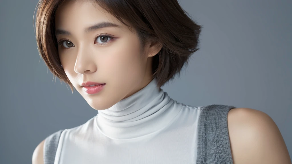 (detailed face),VIVID,breasts,pretty,sleeveless and turtle neck white silky clothes,4k ,super high resolution ,(photo-realistic: 1.7),gray background,shoulder length hair,