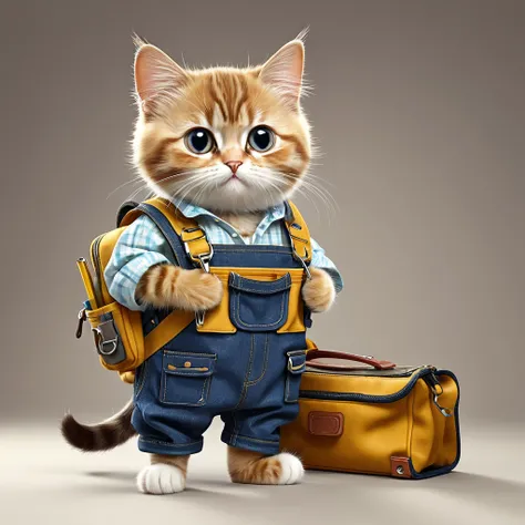 Chat mignon avec des vêtements, plombier, with its tool bag, style dessin