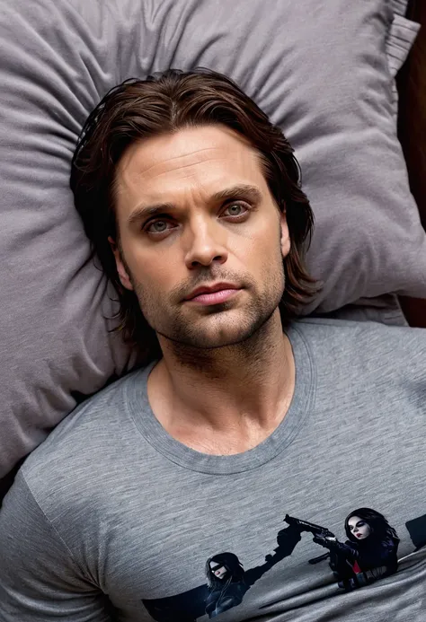 ( sebastian stan ) ( winter soldier) boca perfeita, olhos perfeitos, rosto detalhado, usando meias, usando pijama, sensual, deit...