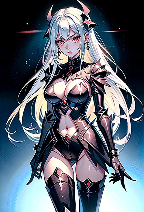 queen power armor , (gothic style), full body view , bellybutton, The most beautiful and sexy demon goddess, long white hair, glowing red eyes, wearing detailed black gothic battle armor, black angel wings, tattoos and piercings, gothic castle, perfect mas...