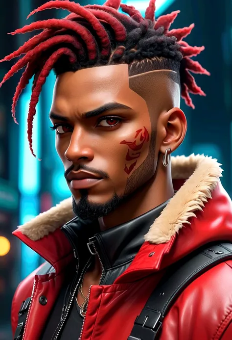 (Best quality, masterpiece, anime style, full of details), 1male, official anime art illustration, African American Male with dark brown eyes, a cartoon of a man with a mask on his face, ((red)) baggy eyes  black and red dreadlocks, he wearing a red shirt ...