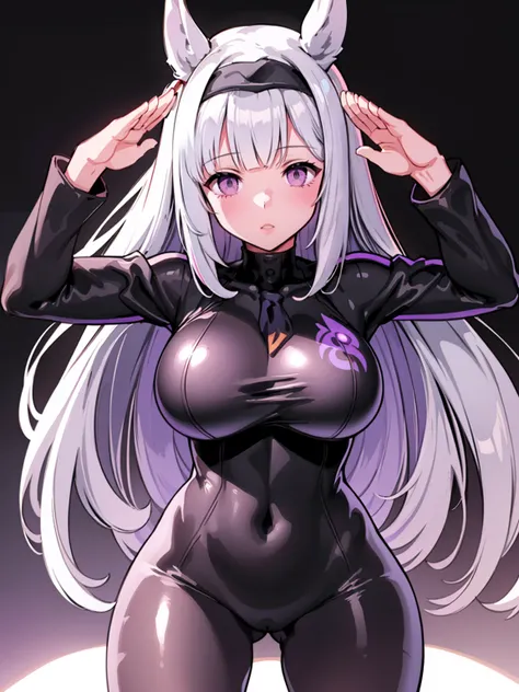 1 girl,NSFW,White-eye Aldan, (Uma Musume),horse ears, clavicle, absurd, brainwashing,Combatant, empty eyes,((purple glowing eyes 1.5))( huge breasts ), No expression, emotions removed,((black shadaloo suit)),avert your eyes , whole body shape, ((stand up, ...