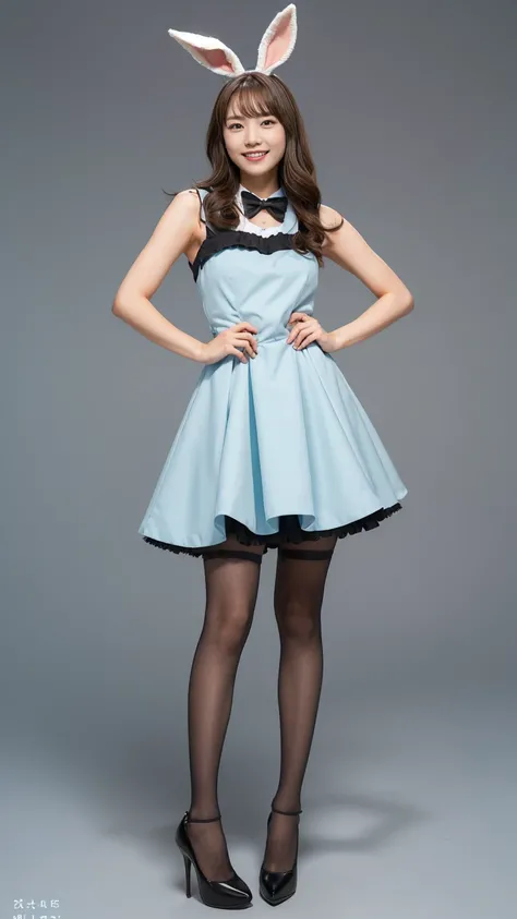 Bunny girl in a light blue maid outfit:1.5，Wearing light blue tights:1.5，The best smile:1.5，Full Body Shot:1.5，Gray background:1.5，Wearing black high heels:1.5，short cut side waves:1.5，