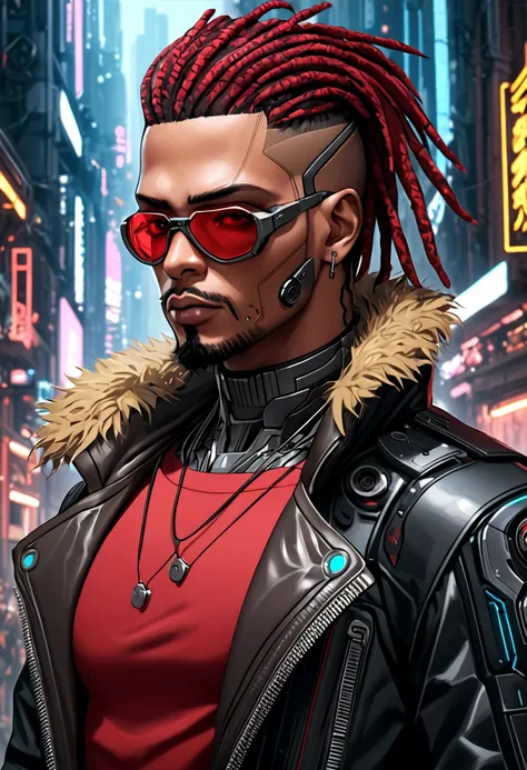 (Best quality, masterpiece, anime style, full of details), 1male, official anime art illustration, African American Male with dark brown eyes, a cartoon of a man with a mask on his face, ((red)) baggy eyes  black and red dreadlocks, he wearing a red shirt ...