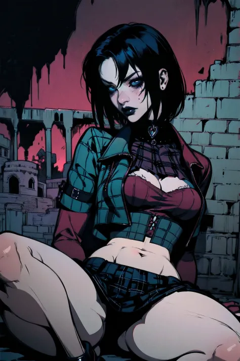 a woman with short black hair, hair on shoulders, wearing a black cropped and plaid skirt, blue eyes, zombie art, gothic art, cute aesthetic with vibe, toon aesthetic, wearing red costume, wearing gothic accessories, look like Cassie Hack, sitting on the g...