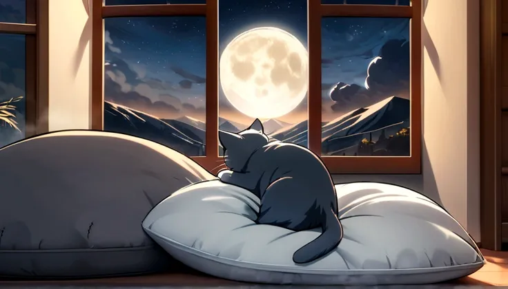 (((Cat sleeping on a pillow))), steaming tea, ,Beautiful landscape window, Night Sky, moon.British Shorthair