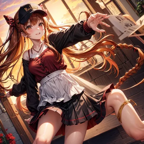 Red, brown, golden hair、Golden Eyes、Braid、One good looking girl、solo、anime、Checkered mini skirt、Ruffles on the skirt、camisole、camisole、Lightweight cardigan、Black knee-high socks、Wearing a baseball cap、Wearing a ribbon、Ribbon on waist、Tilting face、Teeth are...