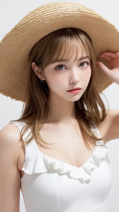 (((forehead、Blonde、Northern Europe、White、beautiful girl、Blonde、White background、sexy、Straw hat、one piece、summer)))、table top, highest quality, figure, super detailed, finely, High resolution, 8k wallpaper, Perfect dynamic composition, detailed and beautifu...