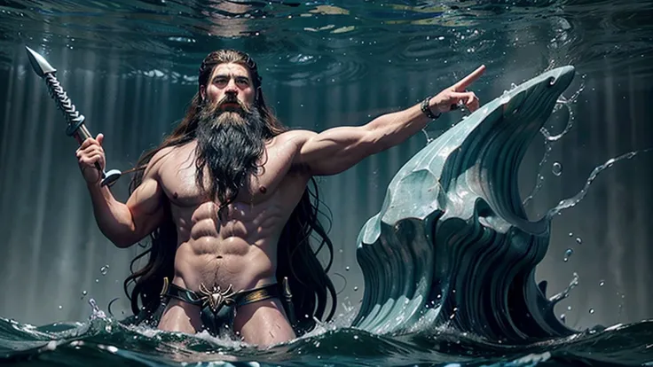 Poseidon God of the sea with big hair and a long beard and with trident in his hand being revered by people