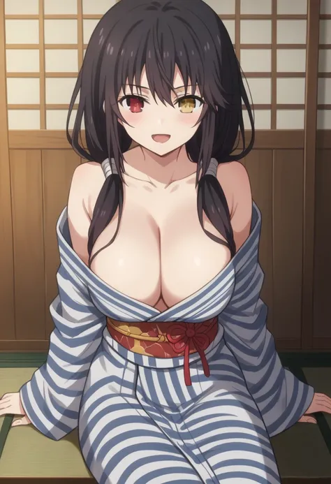 score_9, score_8_up, score_7_up, anime_font,
kurumitokisaki,
kurumi tokisaki, black hair, red eyes, long hair,
twintails, yellow eyes, heterochromia, smile, alone, breasts, blush, open mouth, big breasts, cleavage, sitting, collarbone, Japanese clothing, k...