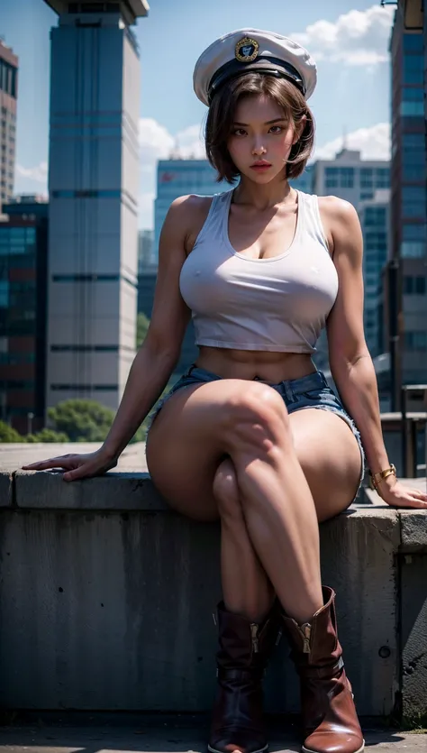 Best Quality, hight resolution, shoot from below, tomboy, fighter, Solo, very tall girl, huge giantess girl, muscular, tough girl, abs, biceps, fierce looks, red eyes, pixie short hair with a white pilot hat, white denim Vest, open vest, Black tank top, wh...