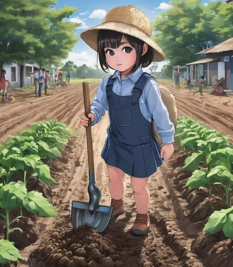 Primary school students. Change.. agriculture. Plowing the ground with a hoe