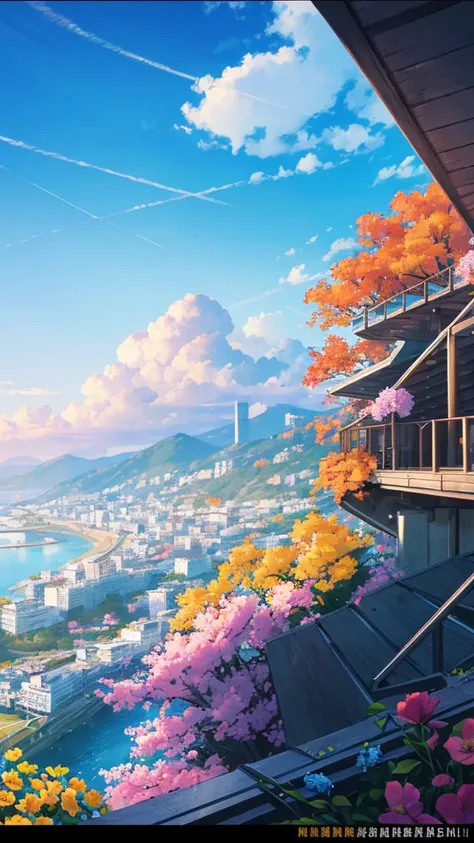 (best quality：1.4)，（Best results：1.4），（Ultra-clear picture quality：1.4），（Ultra-sharp details：1.2）,Summer solstice poster，summer，highway，noon，Sunlight，hillside，Flowers，City buildings in the distance，Skyline，Blue sky，Distant Mountains